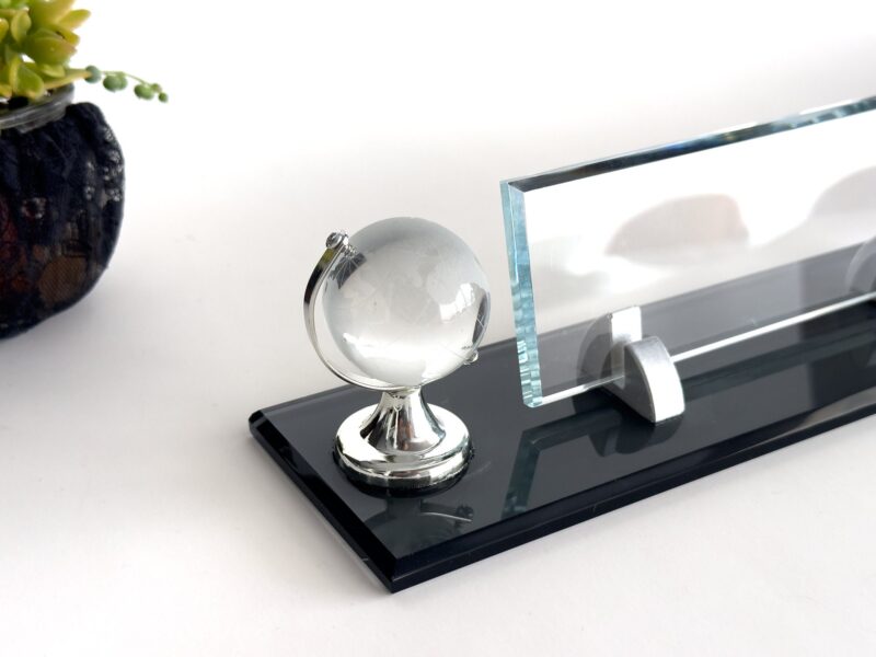 Custom Glass Desk Name Plate with Logo 1.77 x 5.90 in | Silver