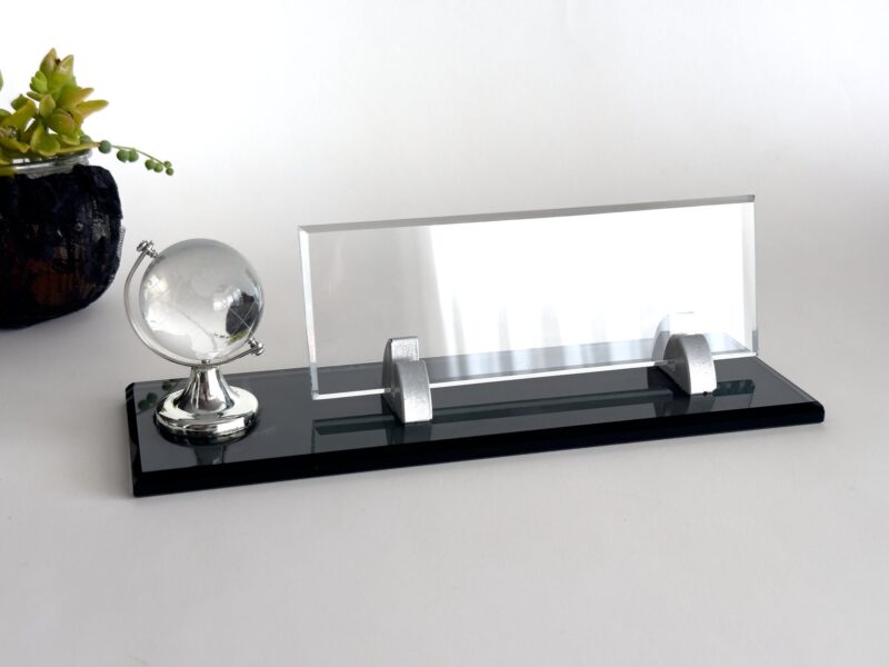 Custom Glass Desk Name Plate with Logo 1.77 x 5.90 inches Black Crystal Base with Silver Nameplate and Crystal Globe