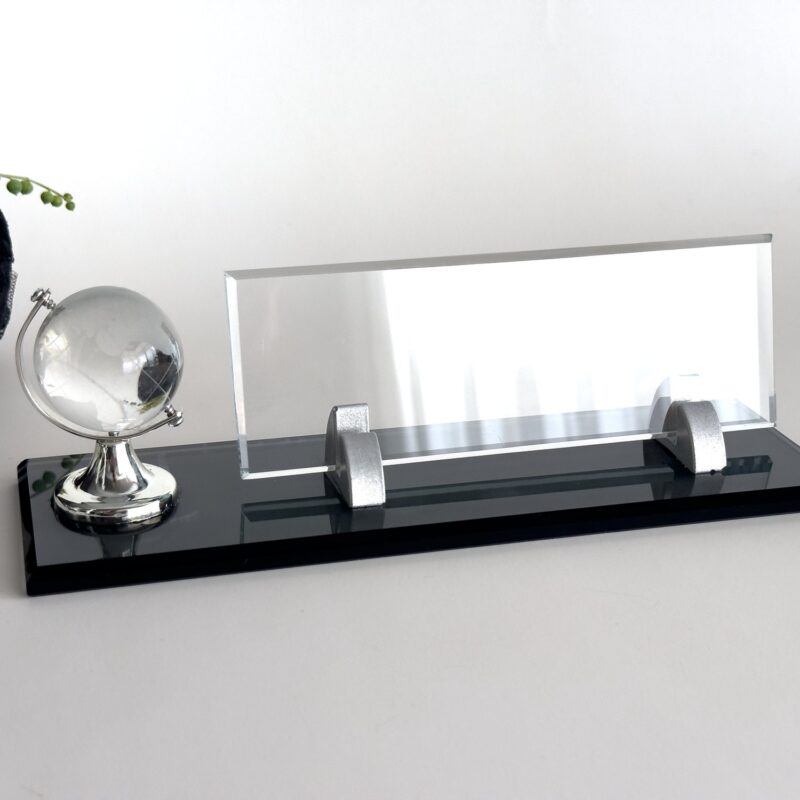 Custom Glass Desk Name Plate with Logo 1.77 x 5.90 inches Black Crystal Base with Silver Nameplate and Crystal Globe
