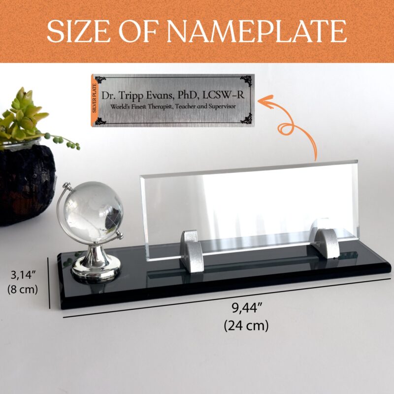 Custom Glass Desk Name Plate with Logo 1.77 x 5.90 in | Silver
