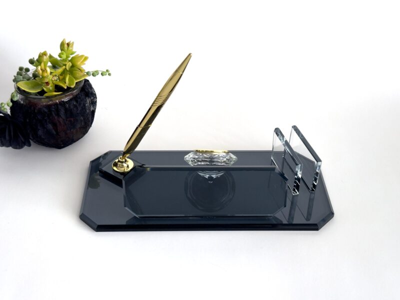 Custom Glass Desk Name Plate with Logo Cut Corner Black Crystal with Business Card Holder and Signature Pen