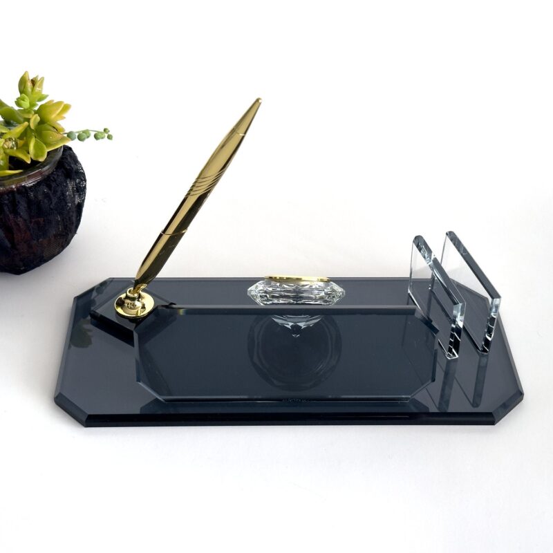 Custom Glass Desk Name Plate with Logo Cut Corner Black Crystal with Business Card Holder and Signature Pen