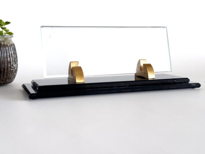 Custom Glass Desk Name Plate with Logo 1.77 x 5.90 inches Double Black and Clear Glass Base Design