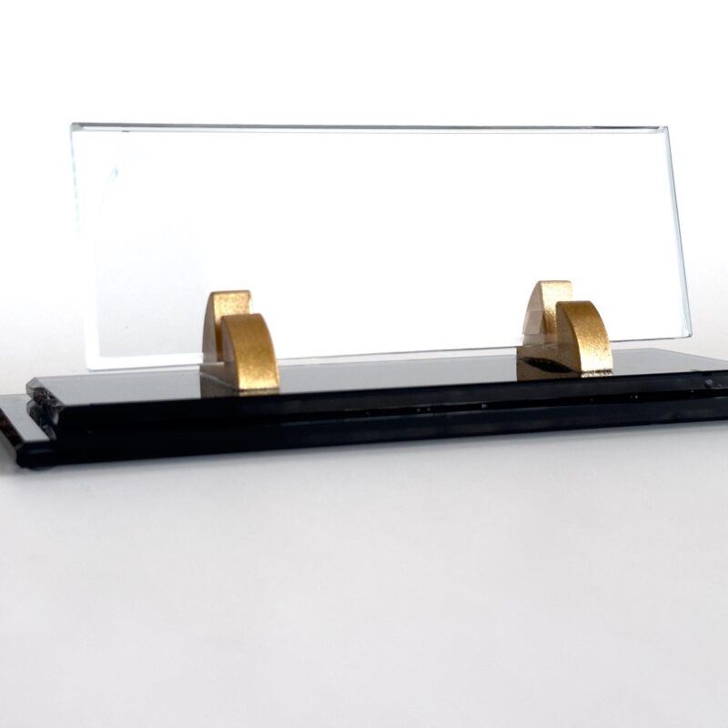 Custom Glass Desk Name Plate with Logo 1.77 x 5.90 inches Double Black and Clear Glass Base Design Custom Glass Desk Name Plate with Logo 1.77 x 5.90 inches Double Black and Clear Glass Base Design