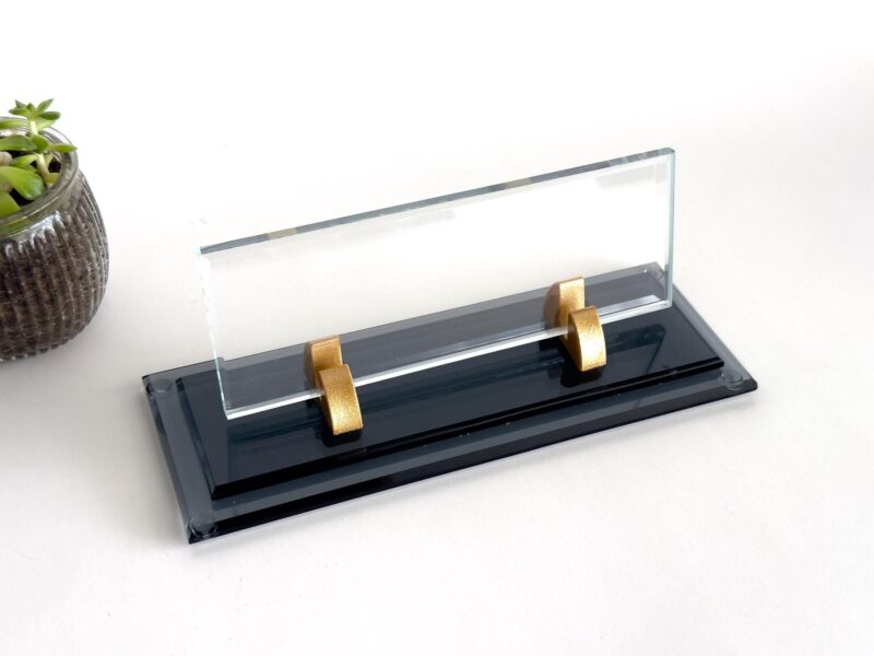 Custom Glass Desk Name Plate with Logo 1.77 x 5.90 inches Double Black and Clear Glass Base Design