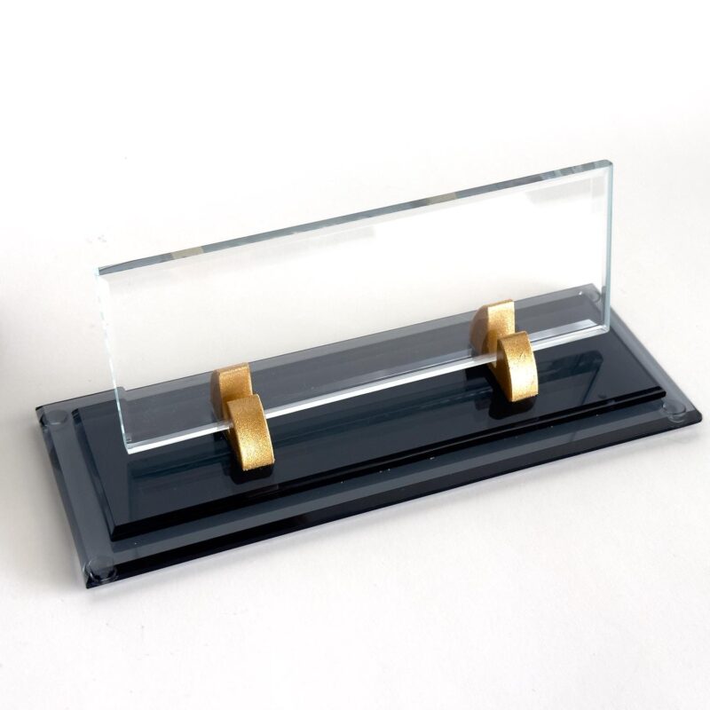 Custom Glass Desk Name Plate with Logo 1.77 x 5.90 inches Double Black and Clear Glass Base Design Custom Glass Desk Name Plate with Logo 1.77 x 5.90 inches Double Black and Clear Glass Base Design