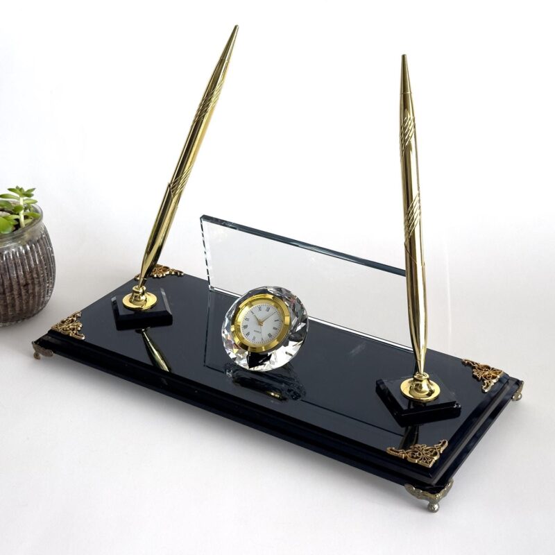 Personalized Executive Gift for Office 1.77 x 5.90 inches Black Crystal Desk Name Plate with Golden Pen