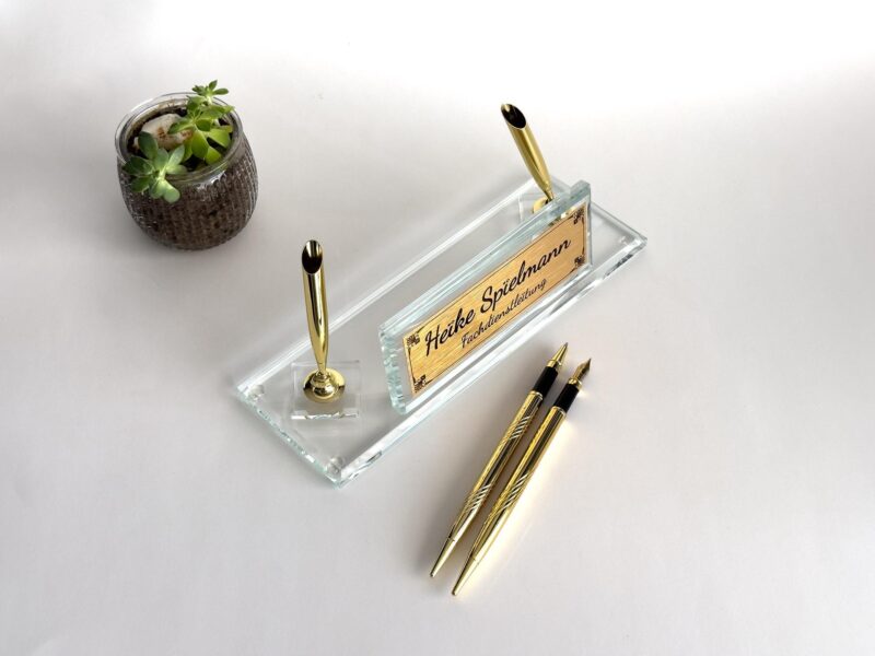 Clear Glass Nameplate 1.77 x 5.90 in | Golden Pen Set
