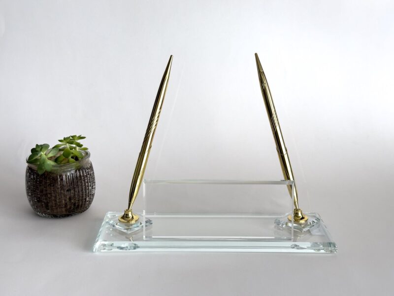 Clear Glass Nameplate 1.77 x 5.90 in | Golden Pen Set
