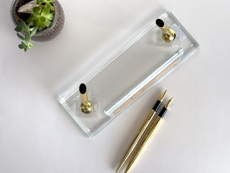 Clear Glass Nameplate 1.77 x 5.90 in | Golden Pen Set