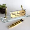 Clear Glass Nameplate 1.77 x 5.90 inches Crystal Glass Desk Name Plate with Golden Signature Pen