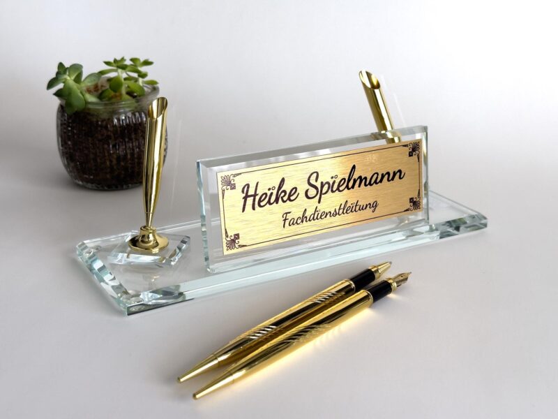 Clear Glass Nameplate 1.77 x 5.90 inches Crystal Glass Desk Name Plate with Golden Signature Pen