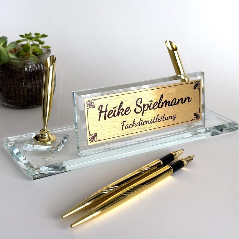 Clear Glass Nameplate 1.77 x 5.90 inches Crystal Glass Desk Name Plate with Golden Signature Pen