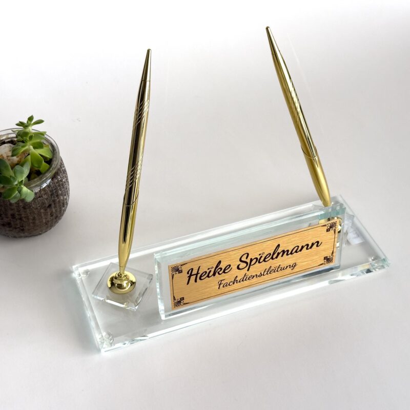Clear Glass Nameplate 1.77 x 5.90 in | Golden Pen Set