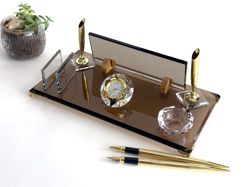 Luxury Desk Name Plate 1.77 x 5.90 inches Bronze Crystal Glass with Pen Holder Card Holder and Crystal Bowl
