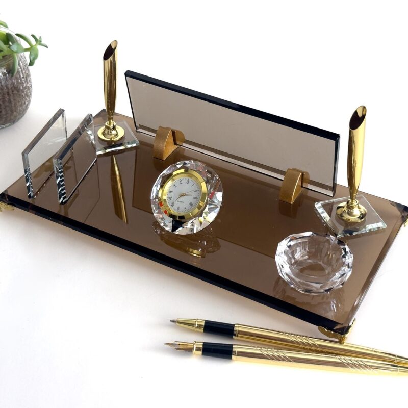 Luxury Desk Name Plate 1.77 x 5.90 inches Bronze Crystal Glass with Pen Holder Card Holder and Crystal Bowl
