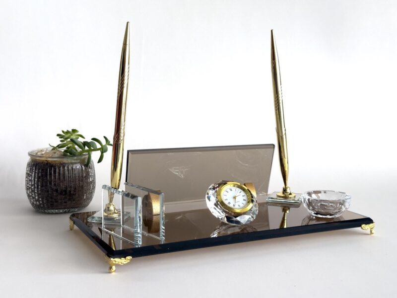Executive Office Decor 1.77 x 5.90 inches Bronze Crystal Glass Desk Nameplate with Card Holder and Pen