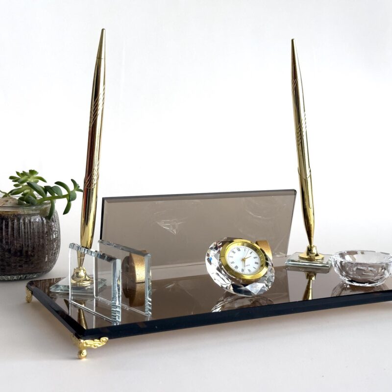 Executive Office Decor 1.77 x 5.90 inches Bronze Crystal Glass Desk Nameplate with Card Holder and Pen