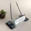 Custom Glass Desk Name Plate with Logo 1.77 x 5.90 inches Black Crystal Base with Silver Pen Set