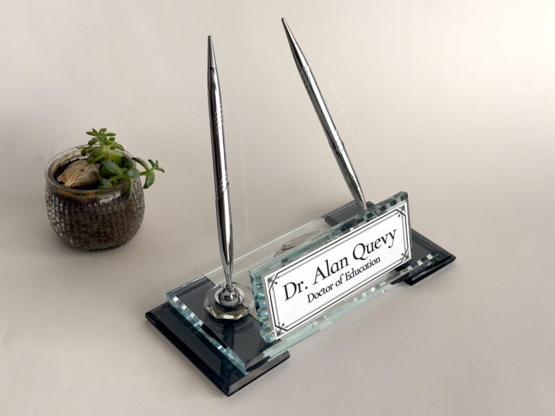 Custom Glass Desk Name Plate with Logo 1.77 x 5.90 inches Black Crystal Base with Silver Pen Set