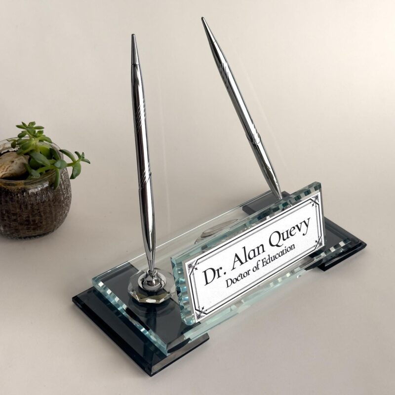 Custom Glass Desk Name Plate with Logo 1.77 x 5.90 inches Black Crystal Base with Silver Pen Set