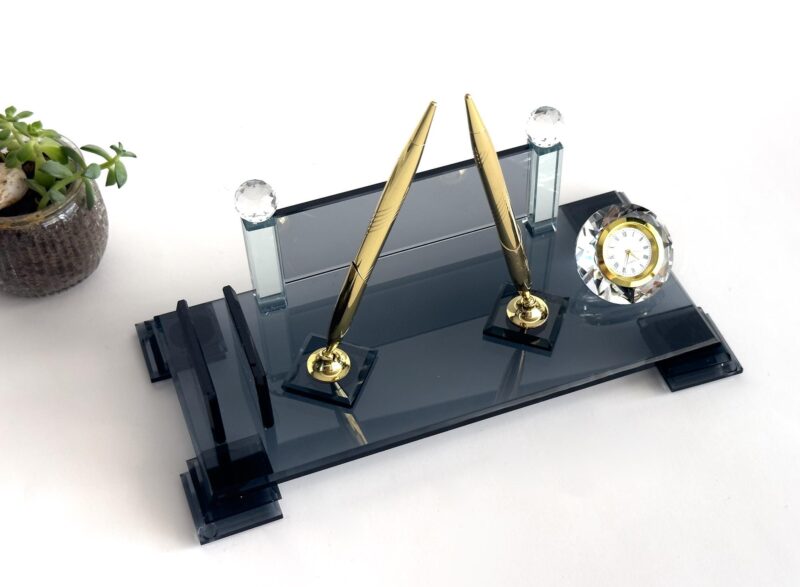 Black Crystal Desktop Name Plaque 1.77 x 5.90 in | Clock & Card Holder