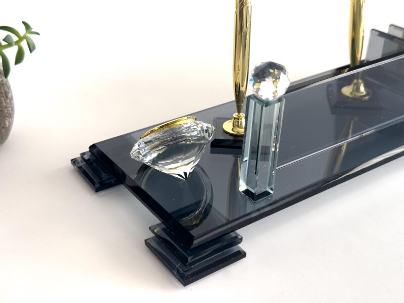 Black Crystal Desktop Name Plaque 1.77 x 5.90 in | Clock & Card Holder