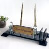 Black Crystal Desktop Name Plaque 1.77 x 5.90 inches with Integrated Clock and Business Card Holder