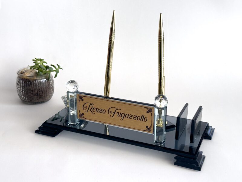 Black Crystal Desktop Name Plaque 1.77 x 5.90 inches with Integrated Clock and Business Card Holder