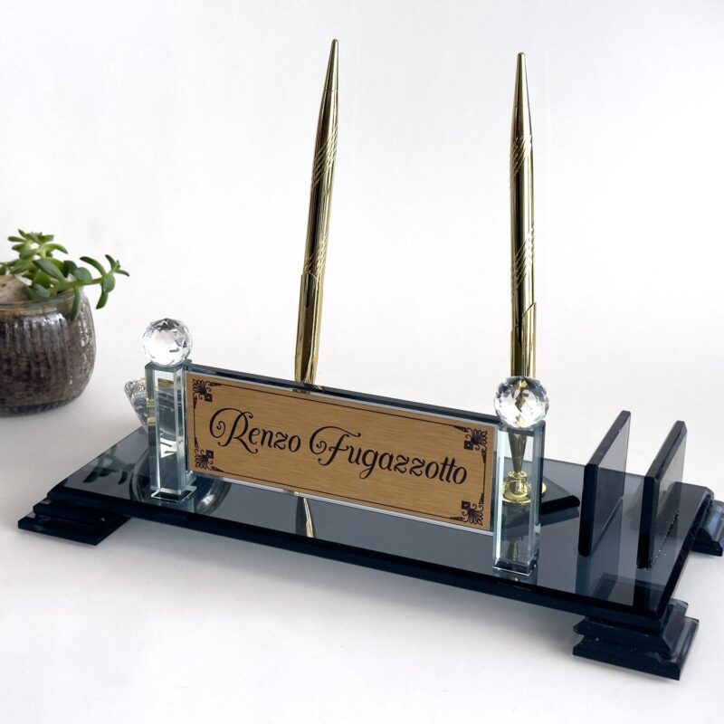 Black Crystal Desktop Name Plaque 1.77 x 5.90 inches with Integrated Clock and Business Card Holder
