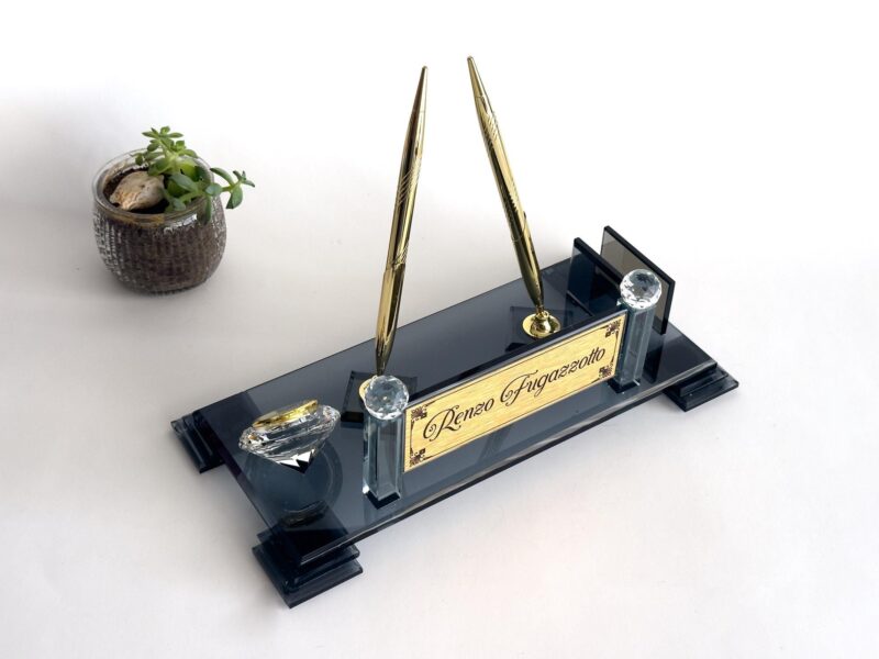 Black Crystal Desktop Name Plaque 1.77 x 5.90 in | Clock & Card Holder