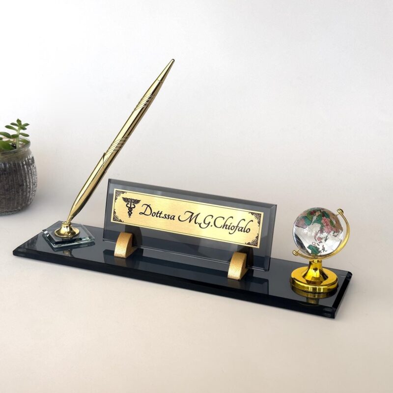 Black Crystal Nameplate 1.77 x 5.90 inches with Spinning World Globe and Signature Pen