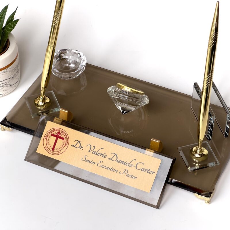 Custom Pastor Gift 1.77 x 5.90 inches Bronze Crystal Glass Desk Nameplate with Card Holder and Pen
