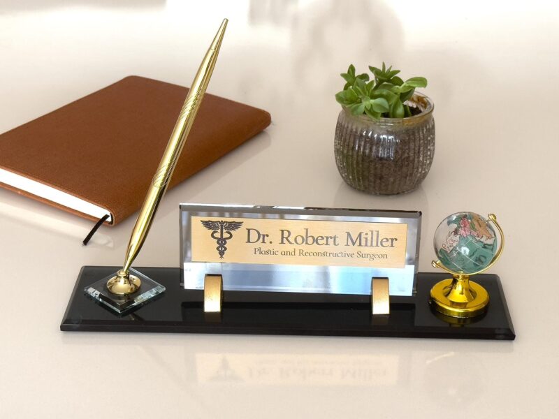 Professional Desk Name Plate with Spinning Crystal Globe and Signature Pen for Doctors and Global Executives