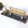 Custom Glass Desk Name Plate with Logo 1.77 x 5.90 inches Black Crystal Base with Spinning Crystal World Globe