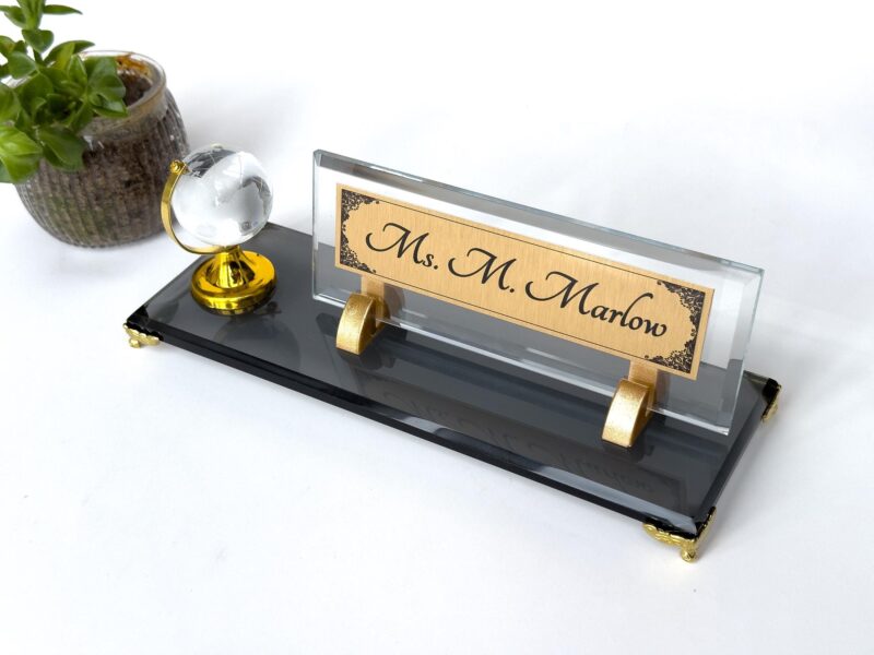 Custom Glass Desk Name Plate with Logo 1.77 x 5.90 inches Black Crystal Base with Spinning Crystal World Globe