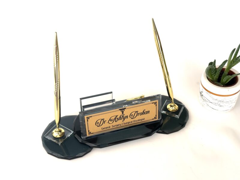 Custom Glass Desk Name Plate with Logo 1.77 x 5.90 inches Round Cut Black Crystal with Card Holder and Pen