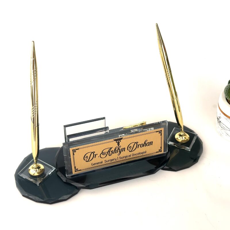 Custom Glass Desk Name Plate with Logo 1.77 x 5.90 inches Round Cut Black Crystal with Card Holder and Pen