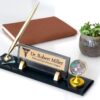 Doctor Desk Name Plate 1.77 x 5.90 inch Premium Black Crystal with Effortlessly Spinning Colorful Globe and Signature Pen for Medical Desks