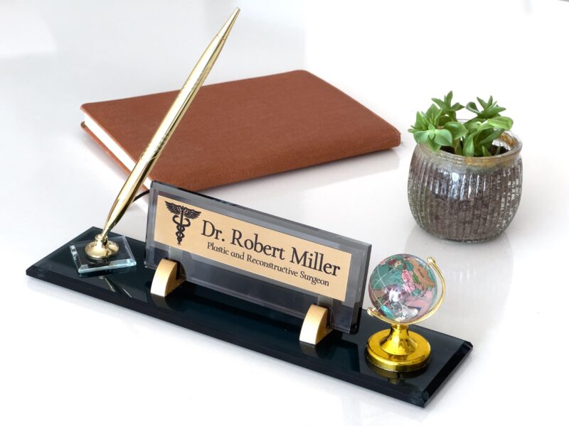 Doctor Desk Name Plate 1.77 x 5.90 inch Premium Black Crystal with Effortlessly Spinning Colorful Globe and Signature Pen for Medical Desks