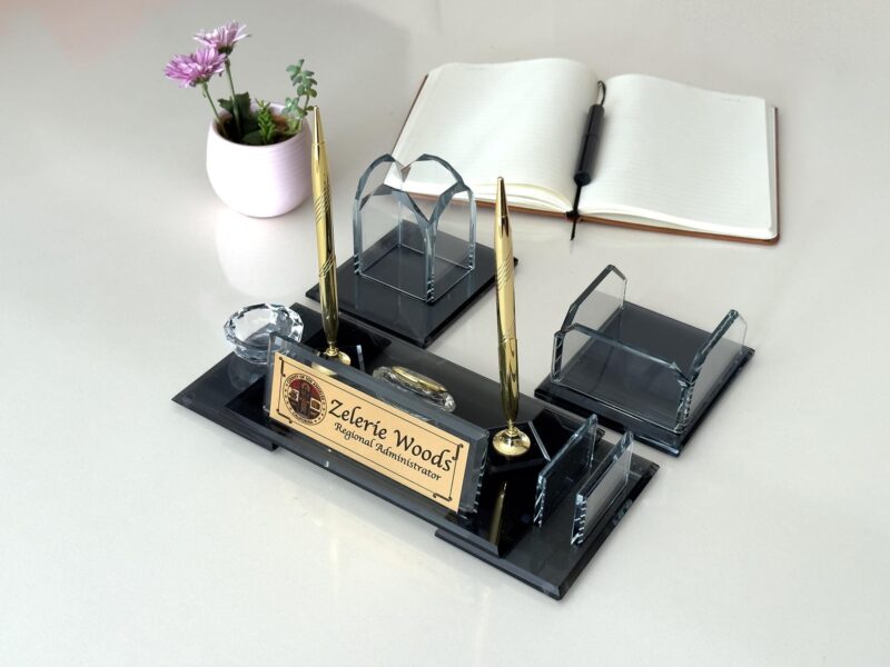 Black Glass Organizer Luxury Executive Set with Pen Cup Card Holder and Glass Bowl