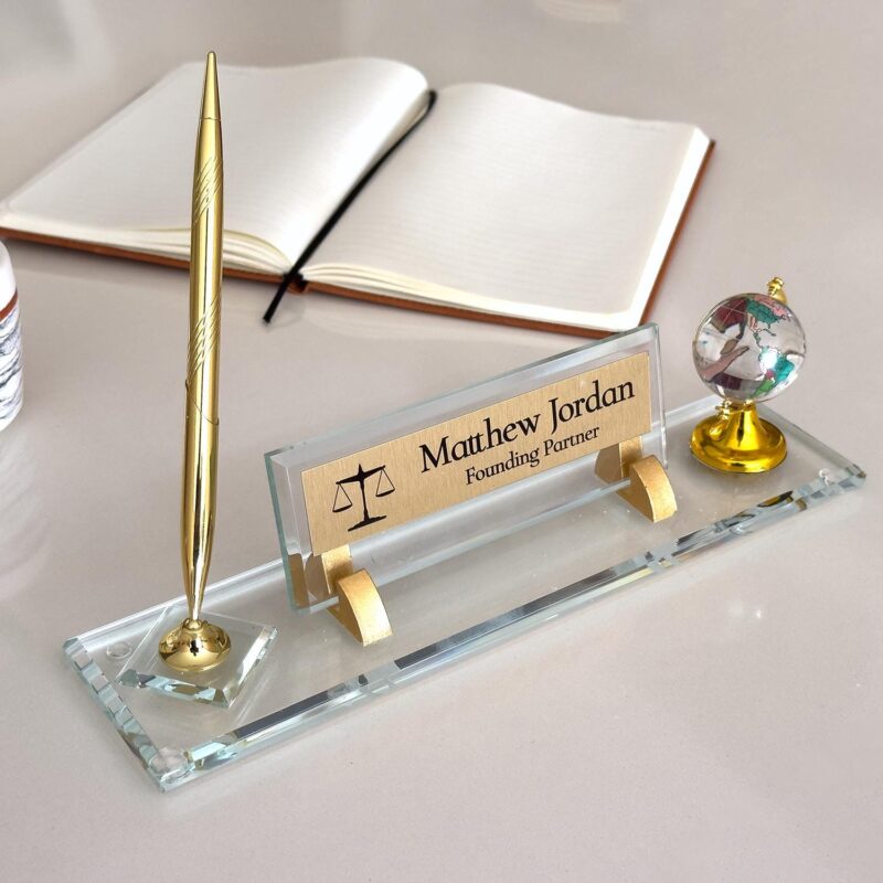 Personalized Executive Gift for Office 1.77 x 5.90 inches Clear Crystal Glass with Colorful Spinning Globe and Pen