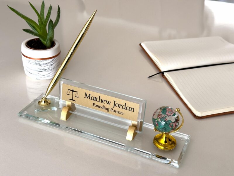 Black Crystal Desktop Name Plaque 1.77 x 5.90 inches with Colorful Spinning Globe and Signature Pen Black Crystal Desktop Name Plaque 1.77 x 5.90 inches with Colorful Spinning Globe and Signature Pen