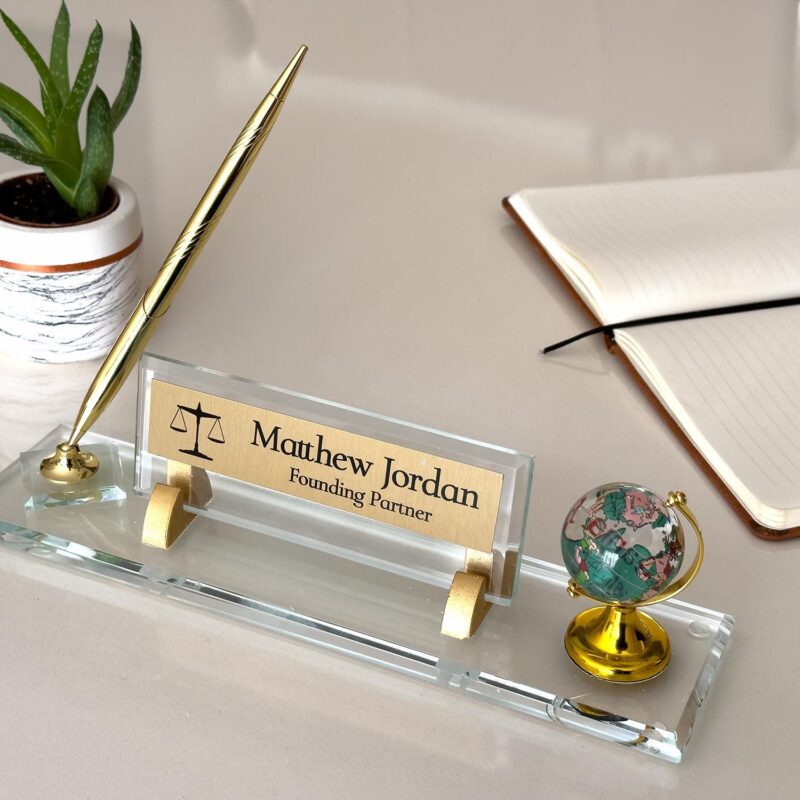 Black Crystal Desktop Name Plaque 1.77 x 5.90 inches with Colorful Spinning Globe and Signature Pen