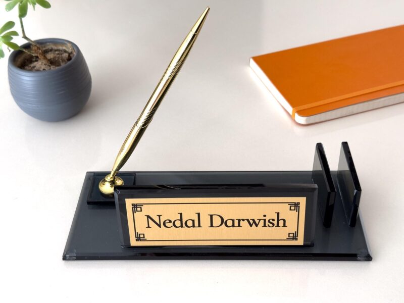 Custom Gift Dad 1.77 x 5.90 inches Black Crystal Desk Nameplate with Card Holder and Pen Custom Gift Dad 1.77 x 5.90 inches Black Crystal Desk Nameplate with Card Holder and Pen