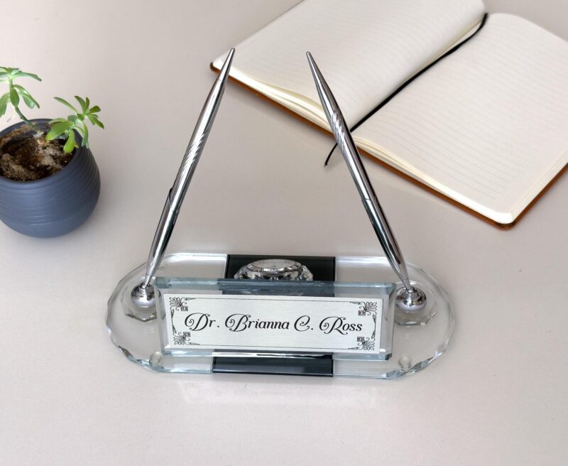 Elegant Graduation Gift 1.77 x 5.90 inches Clear Crystal Desk Nameplate with Clock and Dual Silver Pens Elegant Graduation Gift 1.77 x 5.90 inches Clear Crystal Desk Nameplate with Clock and Dual Silver Pens