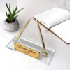 Luxury Custom Office Name Plate 1.77 x 5.90 inch Premium Crystal Glass with Double Gold Signature Pens and Business Card Holder for Executive Desks
