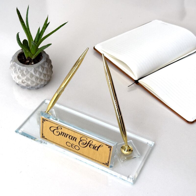 Luxury Custom Office Name Plate 1.77 x 5.90 inch Premium Crystal Glass with Double Gold Signature Pens and Business Card Holder for Executive Desks