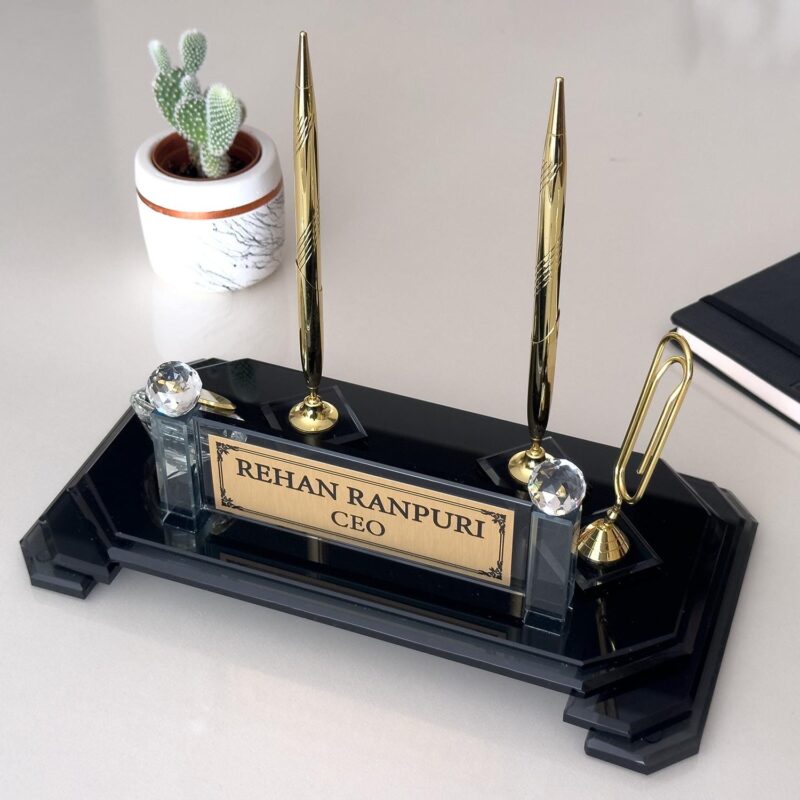 Luxury Custom Office Name Plate 1.77 x 5.90 inch Premium Crystal Glass with Double Gold Signature Pens and Business Card Holder for Executive Desks