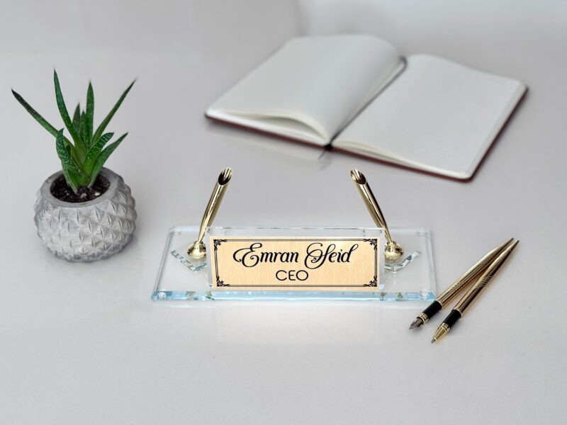 Crystal Glass Nameplate 1.77 x 5.90 inches Clear Crystal with Dual Gold Signature Pens